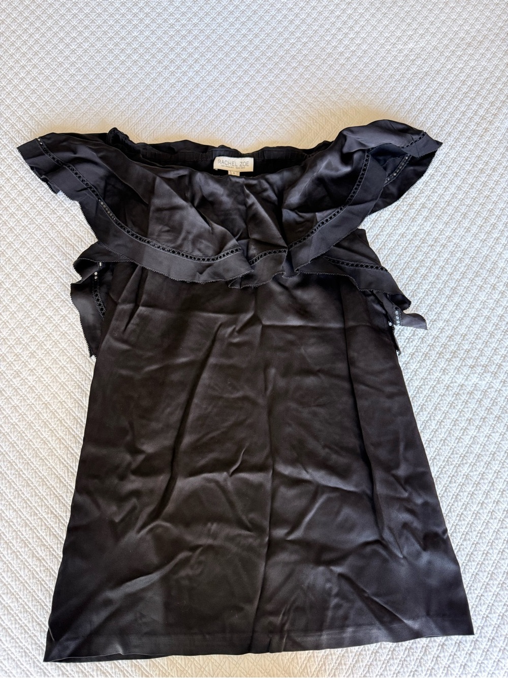 Rachel Zoe Black Off-Shoulder Ruffle Satin Mini Dress